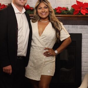 Glittering Charisma Cream Sequin Tweed Short Sleeve Skort Romper